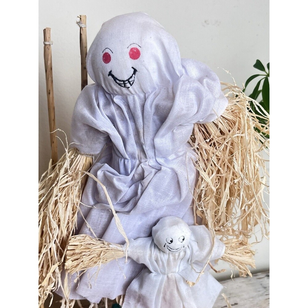 Vintage 1980’s Straw Corn Husk Halloween Ghosts And Pumpkins Retro Holiday